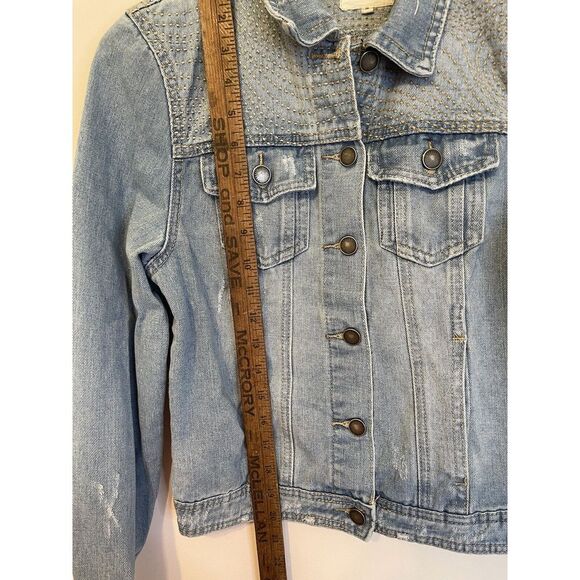 Copper Key Distressed Denim Button Down Ripped Jean Jacket M Detail Shoulder - Picture 5 of 9